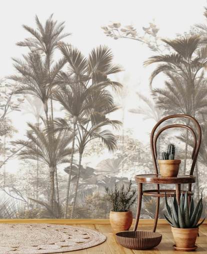 Dark brown rainforest jungle palm trees with a bright white sky wallpaper