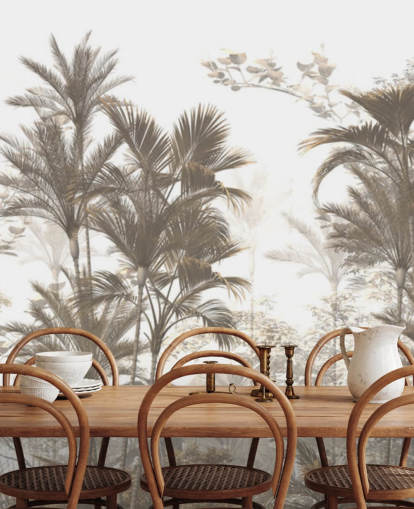 Dark brown rainforest jungle palm trees with a bright white sky wallpaper