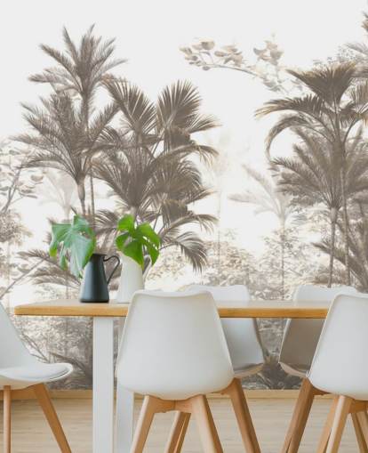 Dark brown rainforest jungle palm trees with a bright white sky wallpaper