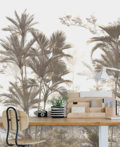 Dark brown rainforest jungle palm trees with a bright white sky wallpaper