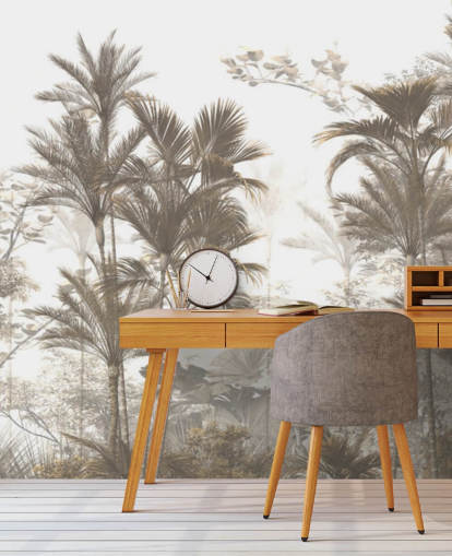 Dark brown rainforest jungle palm trees with a bright white sky wallpaper