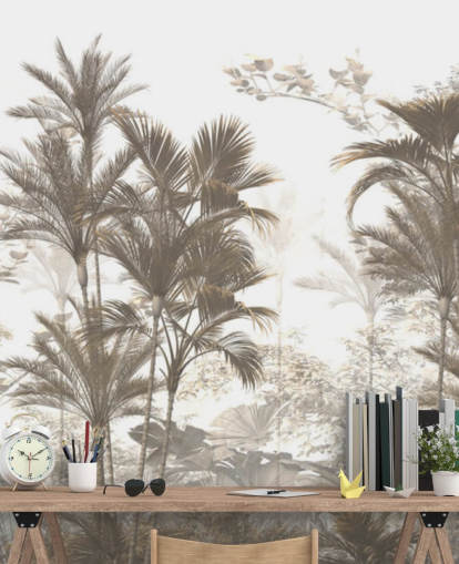 Dark brown rainforest jungle palm trees with a bright white sky wallpaper