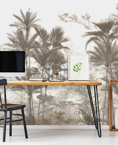 Donkerbruine regenwoudpalmbomen met een helderwit hemelbehang Donkerbruine regenwoudpalmbomen met een helderwit hemelbehang