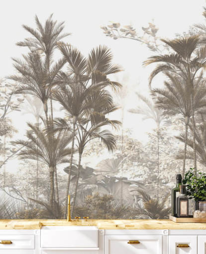 Dark brown rainforest jungle palm trees with a bright white sky wallpaper