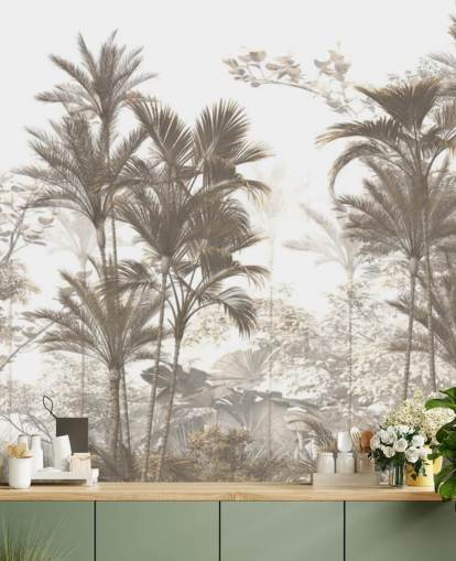 Mørkebrun regnskov jungle palmer med en lys hvid himmel tapet