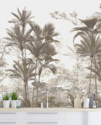 Papel pintado de palmeras de selva tropical de color marrón oscuro con un cielo blanco brillante