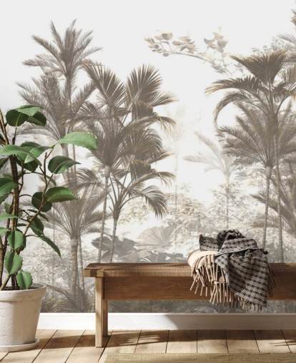 Dark brown rainforest jungle palm trees with a bright white sky wallpaper