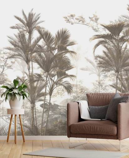 Papel pintado de palmeras de selva tropical de color marrón oscuro con un cielo blanco brillante