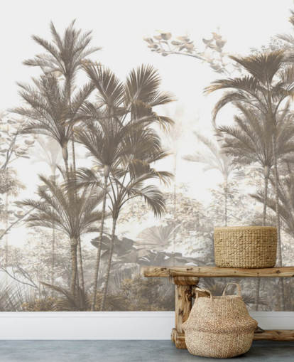 Palmiers de la jungle de la forêt tropicale brun foncé avec un fond d'écran de ciel blanc éclatant Palmiers de la jungle de la forêt tropicale brun foncé avec un fond d'écran de ciel blanc éclatant