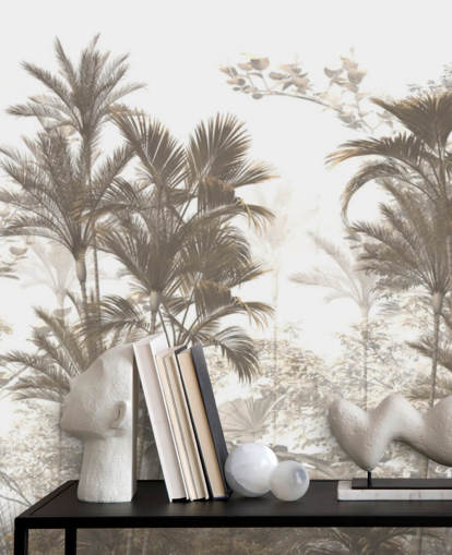 Dark brown rainforest jungle palm trees with a bright white sky wallpaper