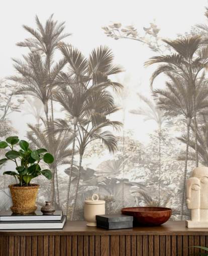 Dark brown rainforest jungle palm trees with a bright white sky wallpaper Dark brown rainforest jungle palm trees with a bright white sky wallpaper