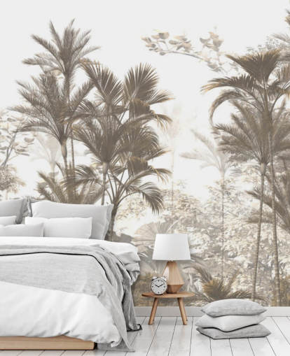 Dark brown rainforest jungle palm trees with a bright white sky wallpaper