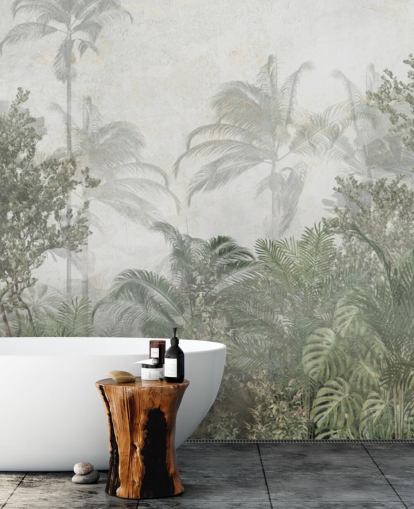 Tall tropical green jungle trees in a jungle with a soft haze wallpaper