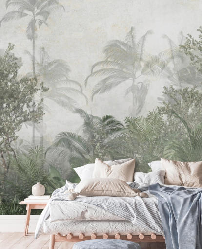 Árboles selváticos altos de color verde tropical en una jungla con un papel pintado de neblina suave