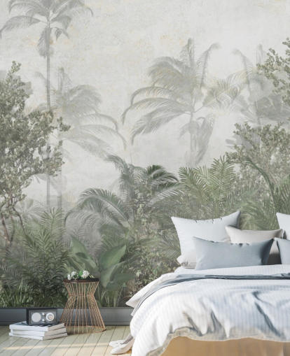 Høje tropiske grønne jungle træer i en jungle med en blød dis tapet Høje tropiske grønne jungle træer i en jungle med en blød dis tapet