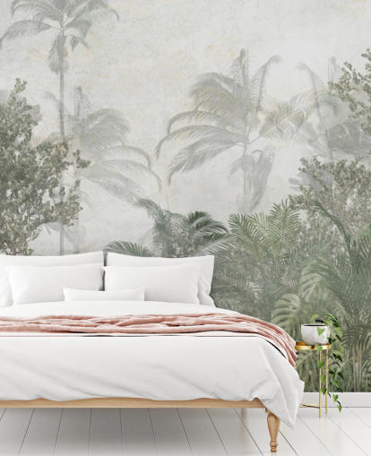 Tall tropical green jungle trees in a jungle with a soft haze wallpaper