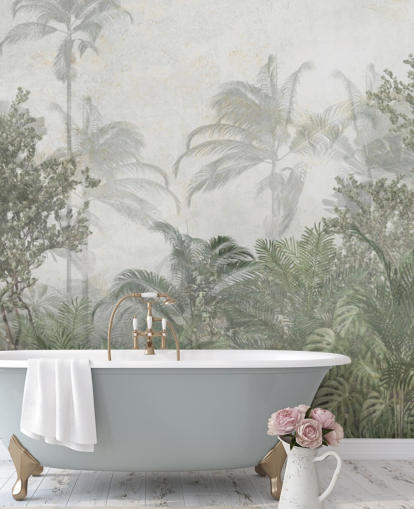 Tall tropical green jungle trees in a jungle with a soft haze wallpaper