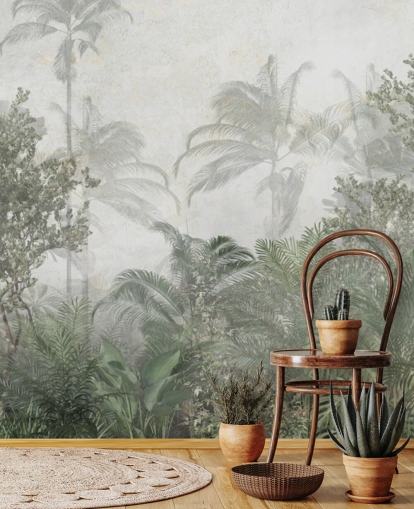 Hoge tropische groene junglebomen in een jungle met een zacht nevelbehang