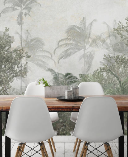 Tall tropical green jungle trees in a jungle with a soft haze wallpaper