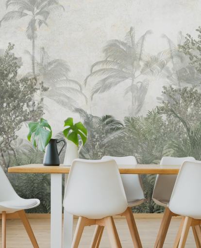 Grands arbres de la jungle verte tropicale dans une jungle avec un papier peint à la brume douce