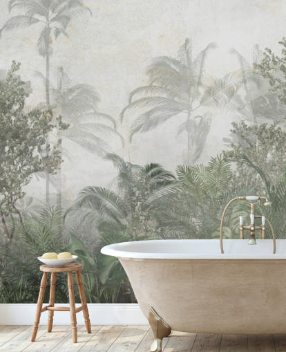 Tall tropical green jungle trees in a jungle with a soft haze wallpaper