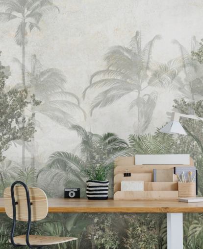 Tall tropical green jungle trees in a jungle with a soft haze wallpaper