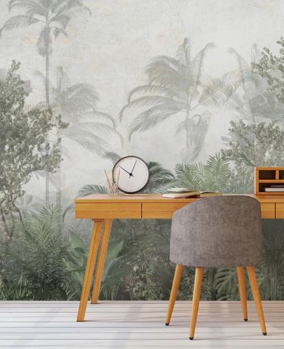 Tall tropical green jungle trees in a jungle with a soft haze wallpaper