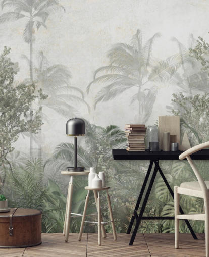 Árboles selváticos altos de color verde tropical en una jungla con un papel pintado de neblina suave Árboles selváticos altos de color verde tropical en una jungla con un papel pintado de neblina suave