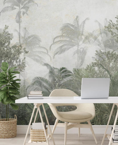 Árboles selváticos altos de color verde tropical en una jungla con un papel pintado de neblina suave