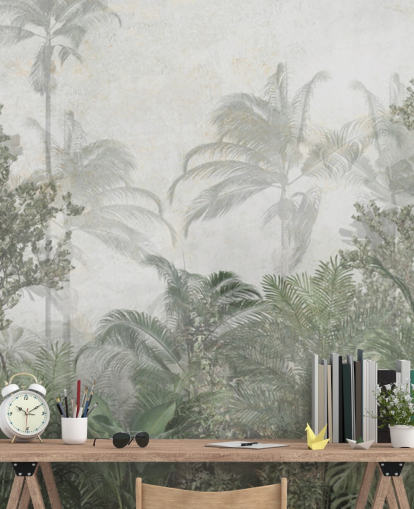 Tall tropical green jungle trees in a jungle with a soft haze wallpaper