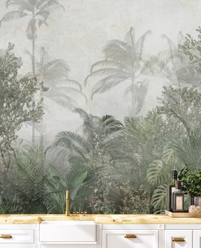 Tall tropical green jungle trees in a jungle with a soft haze wallpaper Tall tropical green jungle trees in a jungle with a soft haze wallpaper