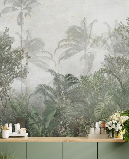 Grands arbres de la jungle verte tropicale dans une jungle avec un papier peint à la brume douce