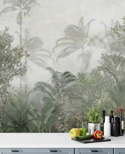 Grands arbres de la jungle verte tropicale dans une jungle avec un papier peint à la brume douce