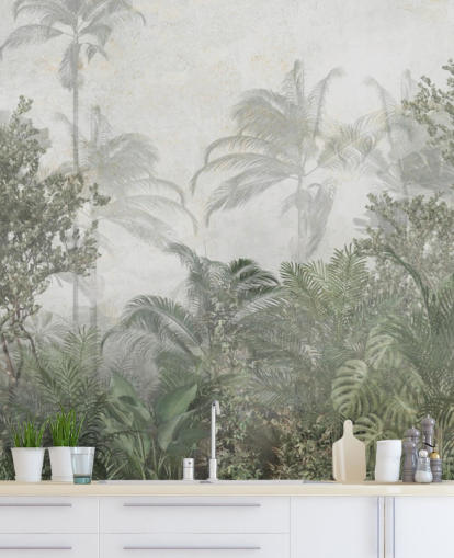 Grands arbres de la jungle verte tropicale dans une jungle avec un papier peint à la brume douce