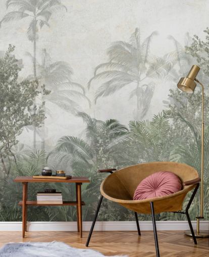 Árboles selváticos altos de color verde tropical en una jungla con un papel pintado de neblina suave