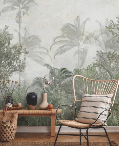 Árboles selváticos altos de color verde tropical en una jungla con un papel pintado de neblina suave