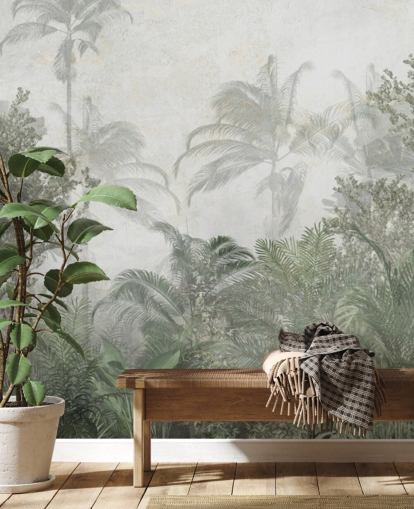 Tall tropical green jungle trees in a jungle with a soft haze wallpaper