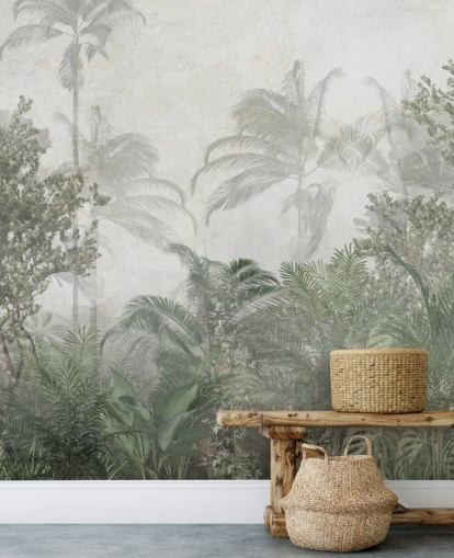 Árboles selváticos altos de color verde tropical en una jungla con un papel pintado de neblina suave