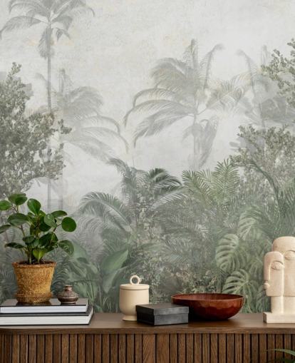 Grands arbres de la jungle verte tropicale dans une jungle avec un papier peint à la brume douce Grands arbres de la jungle verte tropicale dans une jungle avec un papier peint à la brume douce