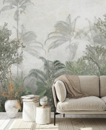 Árboles selváticos altos de color verde tropical en una jungla con un papel pintado de neblina suave Árboles selváticos altos de color verde tropical en una jungla con un papel pintado de neblina suave