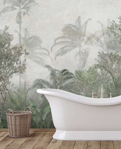 Tall tropical green jungle trees in a jungle with a soft haze wallpaper