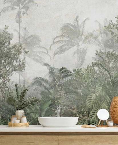 Hoge tropische groene junglebomen in een jungle met een zacht nevelbehang