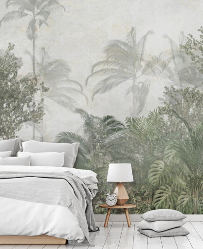 Tall tropical green jungle trees in a jungle with a soft haze wallpaper