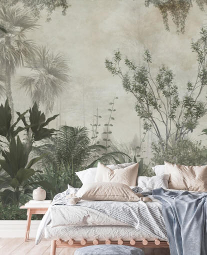 Donkergroene tropische palmbomen in een jungle met een lichtbeige hemelbehang Donkergroene tropische palmbomen in een jungle met een lichtbeige hemelbehang