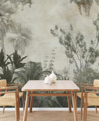 Dark green tropical palm trees in a jungle with a light beige sky wallpaper Dark green tropical palm trees in a jungle with a light beige sky wallpaper
