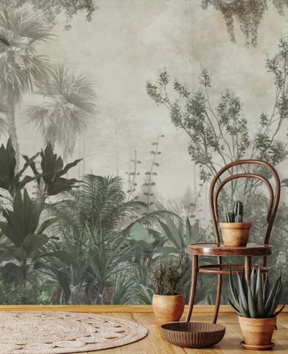 Palme tropicali verde scuro in una giungla con una carta da parati con cielo beige chiaro
