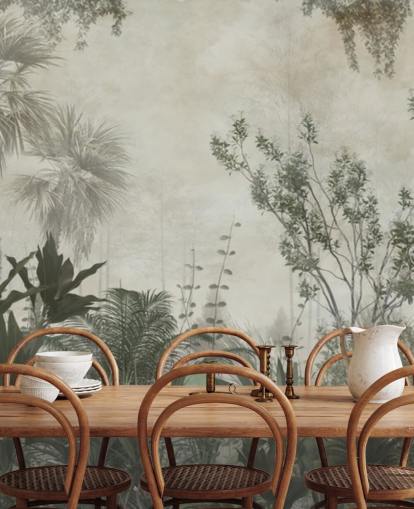 Dark green tropical palm trees in a jungle with a light beige sky wallpaper