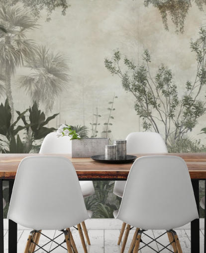 Palme tropicali verde scuro in una giungla con una carta da parati con cielo beige chiaro