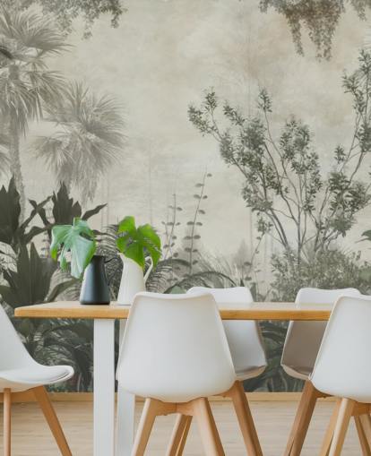 Dark green tropical palm trees in a jungle with a light beige sky wallpaper