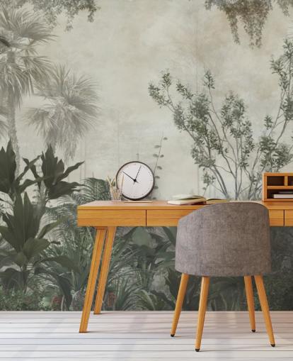 Donkergroene tropische palmbomen in een jungle met een lichtbeige hemelbehang